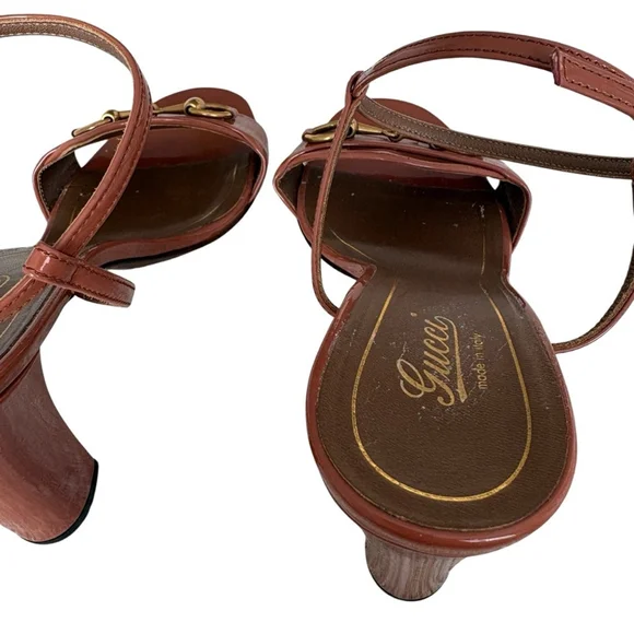 Gucci Horsebit Patent Leather Block Heel Sandals Brown Ankle Strap Size 38 US 8 - Picture 7 of 14